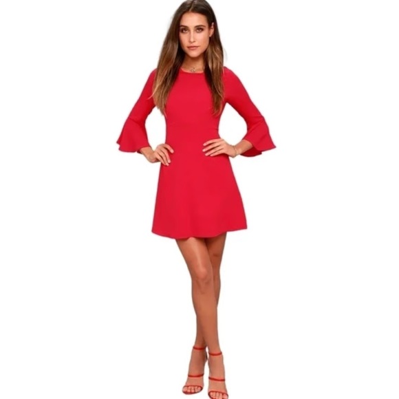 Lulus Center of Attention Red Flare Sleeve Textured Jacquard Mini Dress Small - Picture 1 of 7